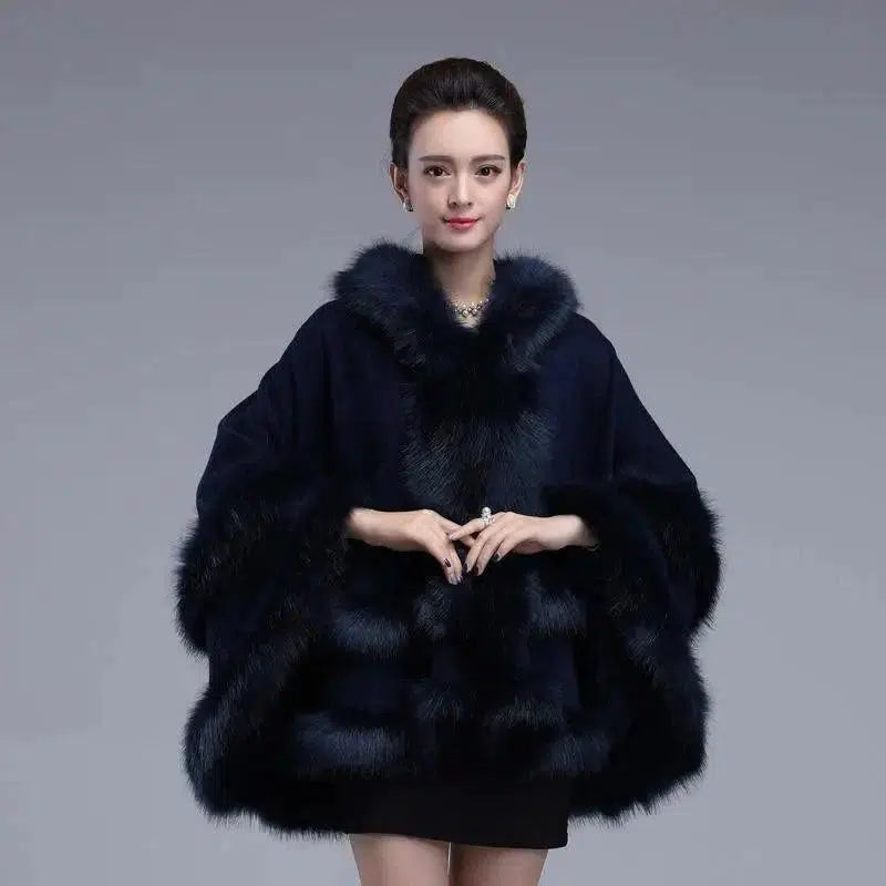 Cheky - Autumn And Winter New Style Fox Fur Hooded Cape Cape Ladies