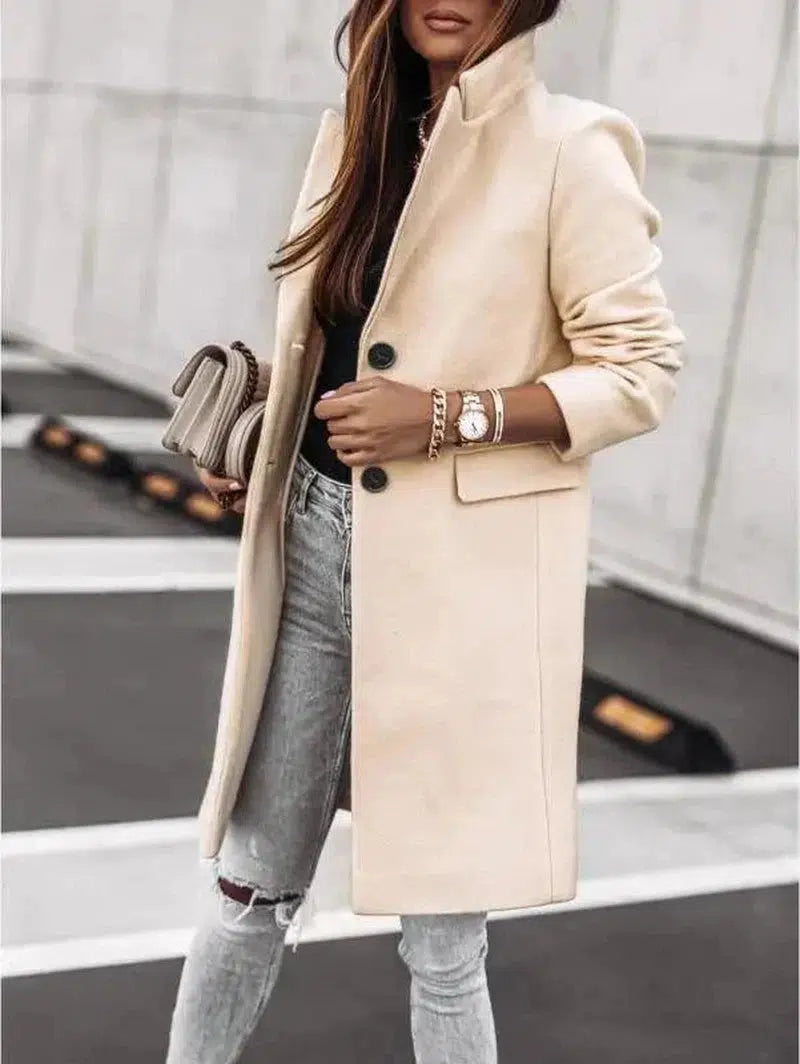 Cheky - Autumn and winter simple long-sleeved button Nizi coat coat