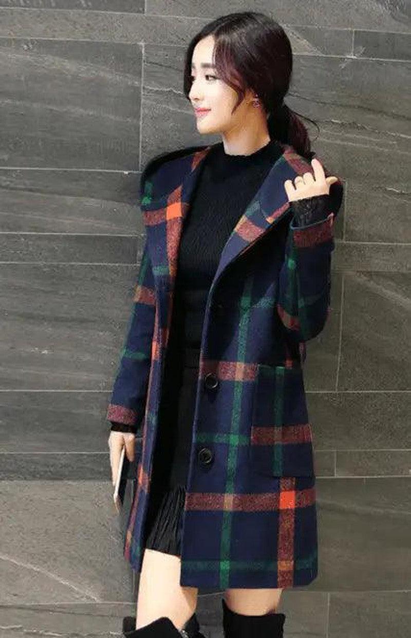 Cheky - British College wind wool coat plaid long hooded woolen coat