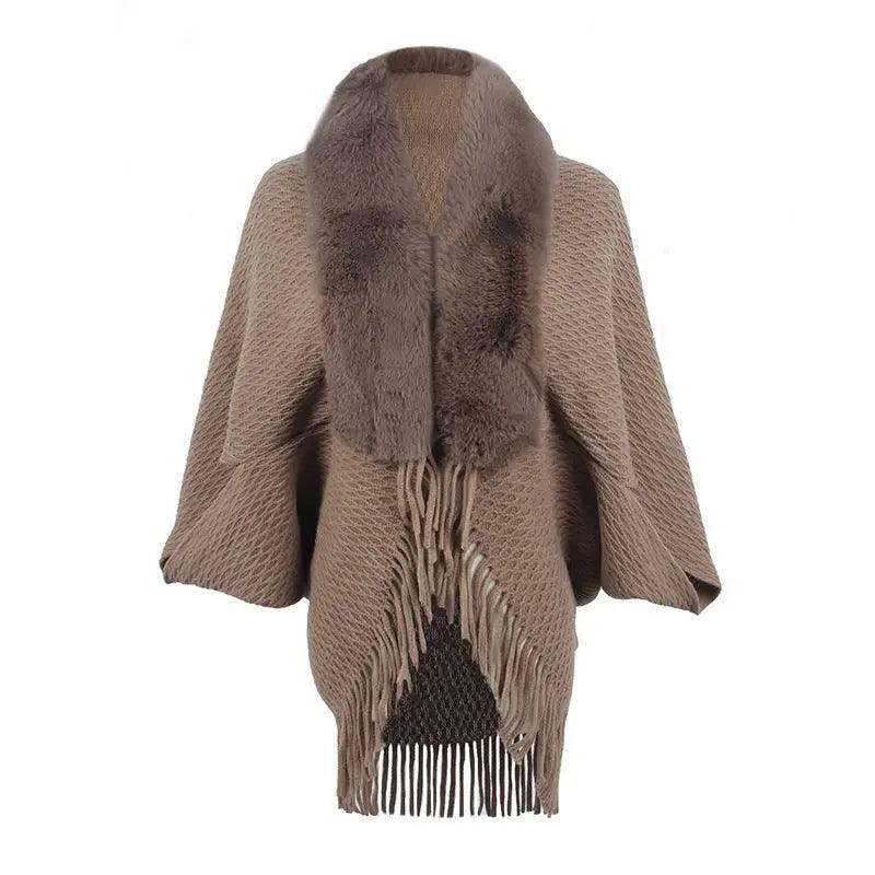 Cheky - Drizzling Fur Collar Knitted Tassel Cape Coat Women