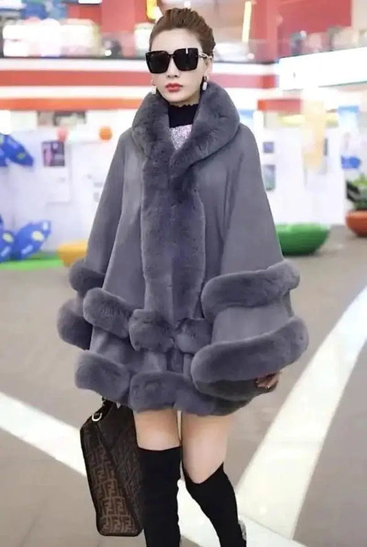 Cheky - Faux Fox Fur Collar Fur Hooded Knit Cardigan Cape Cape