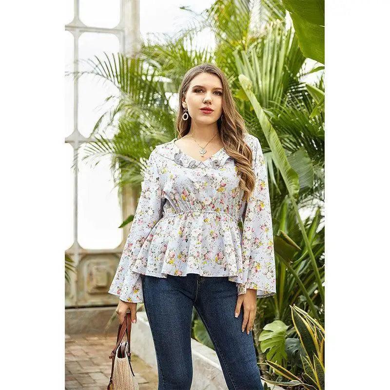 Cheky - floral blouse Women ruffled collar t shirt fat lady top