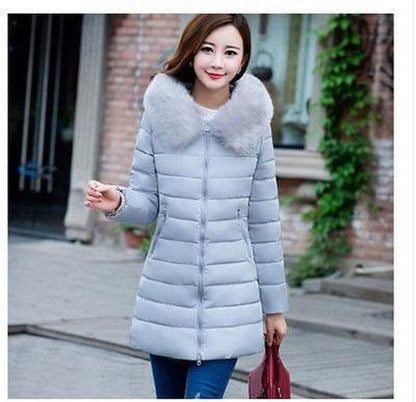 Cheky - Fur collar mid-length thick down cotton