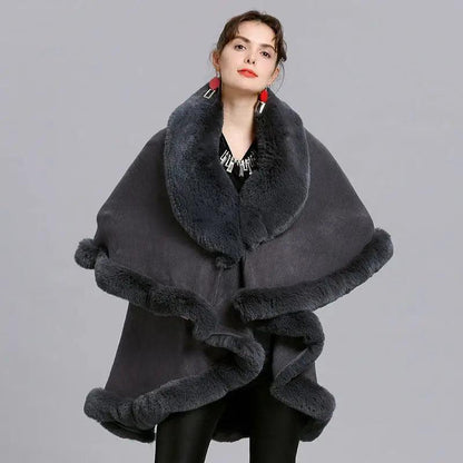 Cheky - Fur Shawl And Fur Collar Knitted Cardigan Shawl Cloak