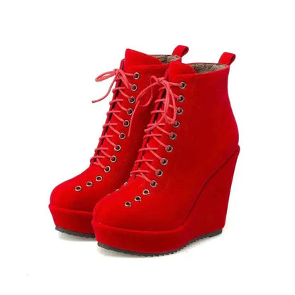 Cheky - High-heeled Sponge Cake Was Thin Suede Lace-up Martin Boots Women