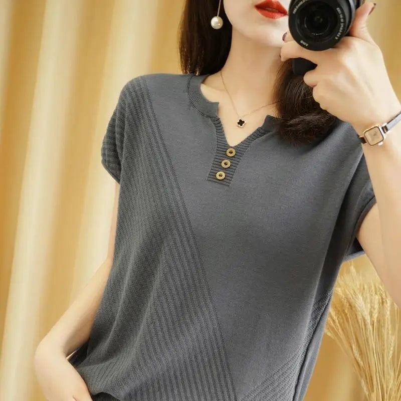 Cheky - Knitted Three-button Half-sleeved Pullover Short-sleeved