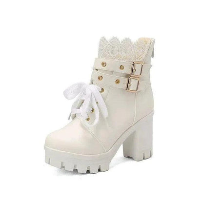 Cheky - Lace Ankle Boots Lace-up Square Heeled Shoes Women White Black Boots