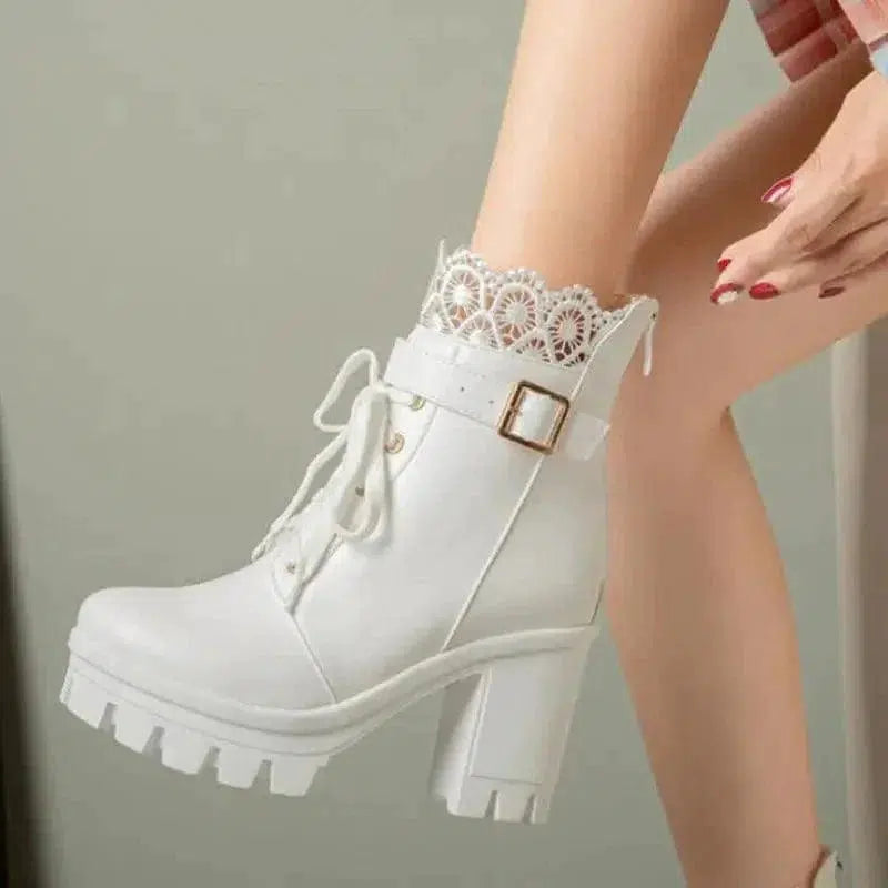 Cheky - Lace Ankle Boots Lace-up Square Heeled Shoes Women White Black Boots