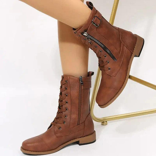 Cheky - Lace-up Western Boots Cowboy Boots Women Side Zipper Shoes