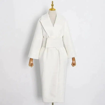 Cheky - Lapel Waist White Mid-length Woolen Coat