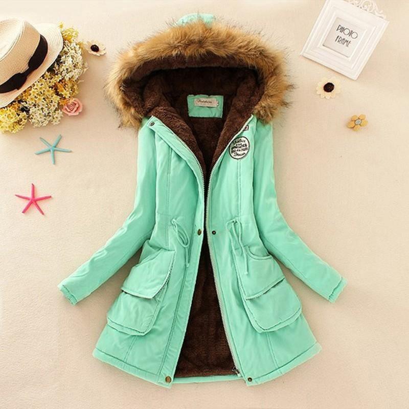 Cheky - Long Women's Cotton-Padded Jacket With Wool Collar