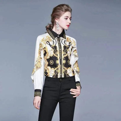 Cheky - New Retro Palace Print Ruffled Slim-fit Fashion Print Shirt