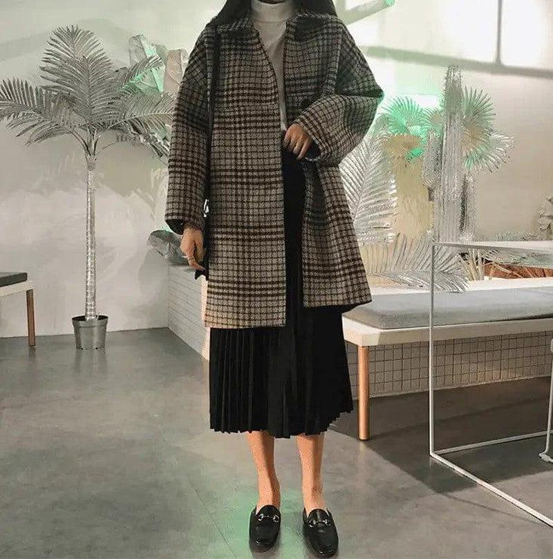 Cheky - Plaid woolen coat female long section autumn and winter