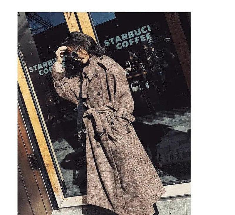 Cheky - Plaid woolen coat female long section Korean version autumn