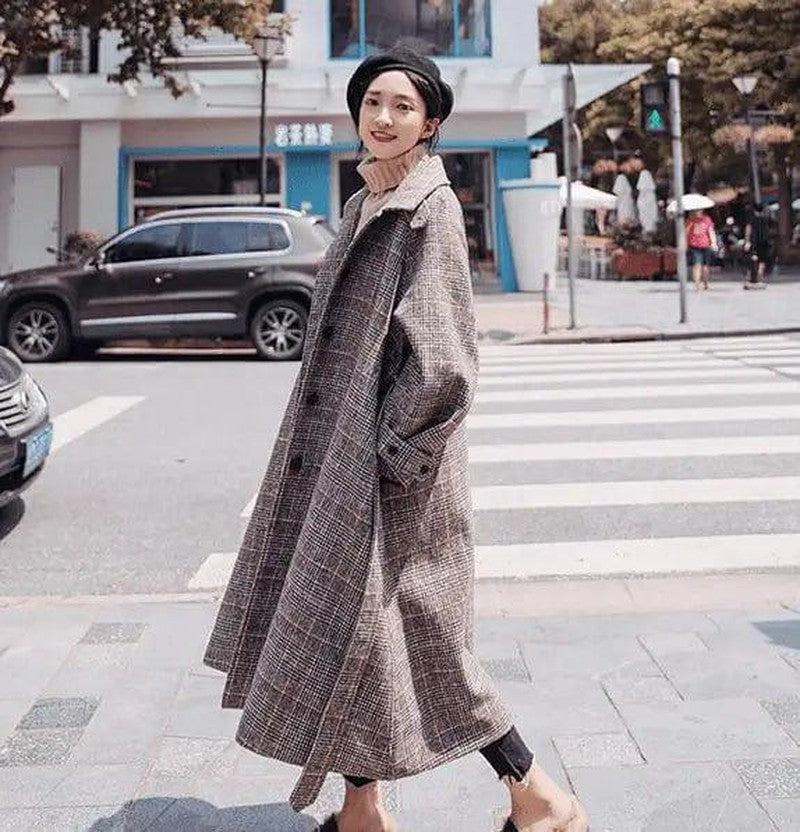 Cheky - Plaid woolen coat female long section Korean version winter