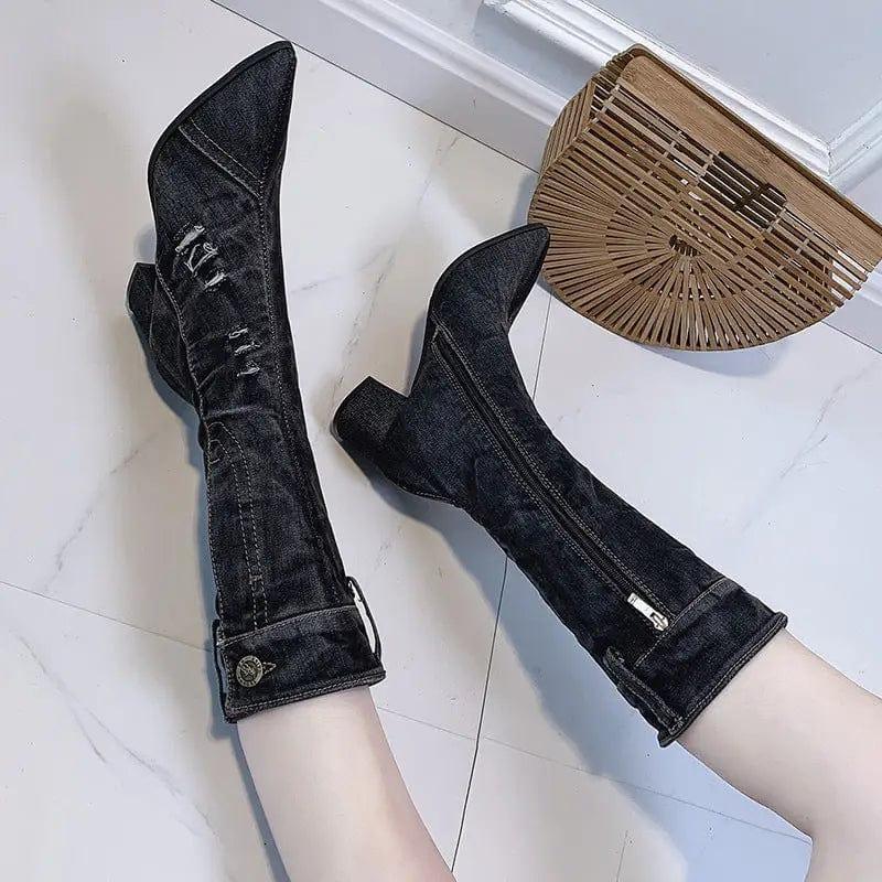 Cheky - Pointed Toe Thick Heel Denim High Boots For Women