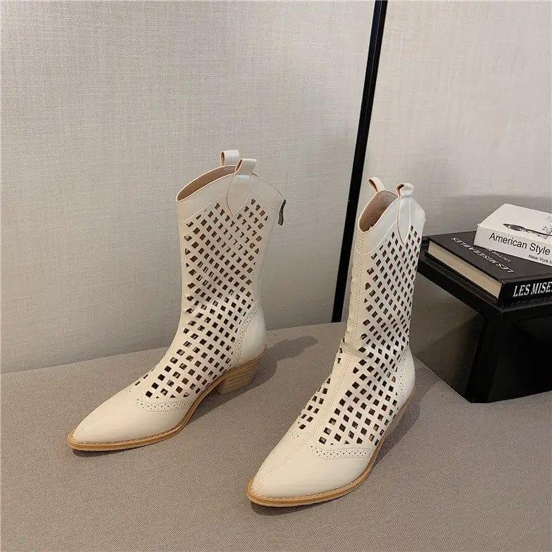 Cheky - Pointed Western Cowboy Boots Women Thin Hollow Knight Thick Heel Net Boots Sandals