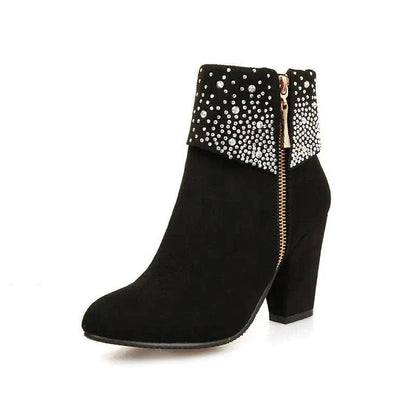 Cheky - Rhinestone nubuck short heel women boots