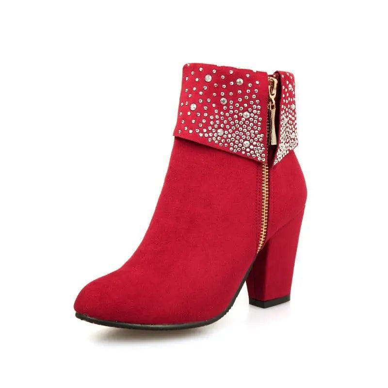 Cheky - Rhinestone nubuck short heel women boots