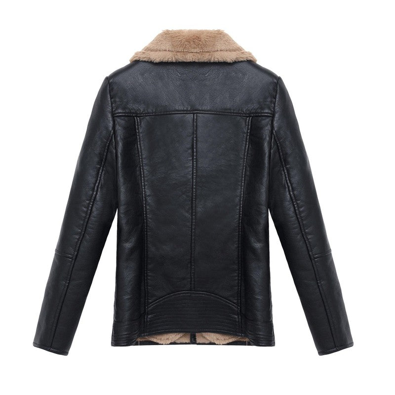 Cheky - Short Fur Plus Velvet Warm Leather Jacket