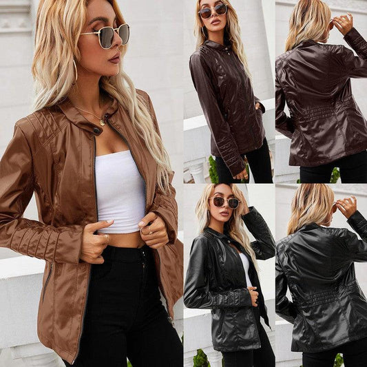 Cheky - Stand-up Collar Zipper Long-sleeved Solid Color Women's Leather Jacket