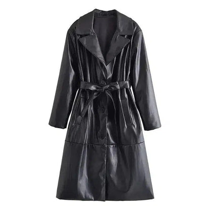 Cheky - Stylish Belted Faux Leather Trench Coat