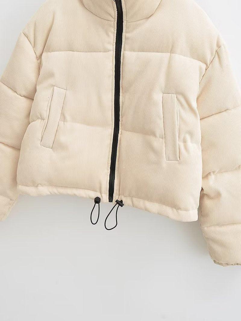 Cheky - Winter Stand Collar Zipper Drawstring Cotton Coat