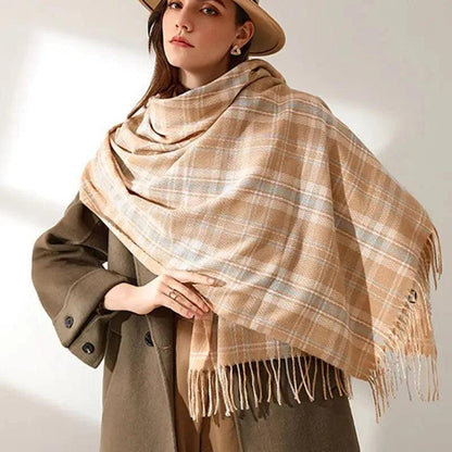 Cheky - Women's Fashionable Plaid Printed Tassel Shawl Warm Scarf